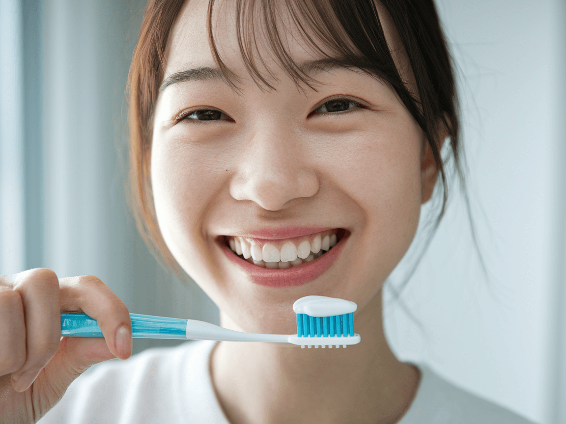 一名女性使用牙齒美白牙膏展示牙齒美白效果